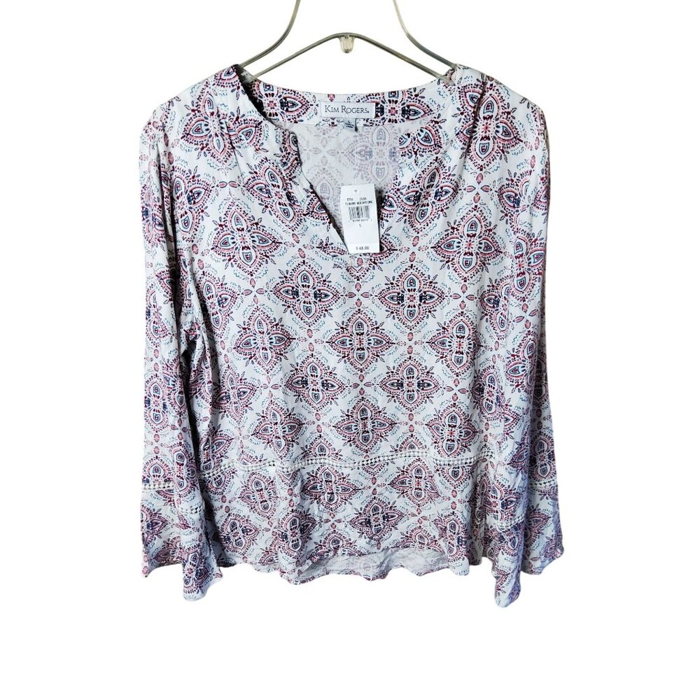 New Kim Rogers Womens Long Flared Sleeve Print Blouse Size Large